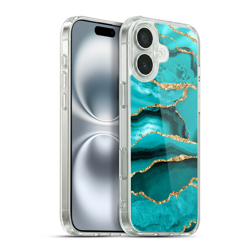UtArt Malachite Emerald Aquamarine Gold Waves Soft Gel Case for Apple iPhone 16 Plus & MagSafe