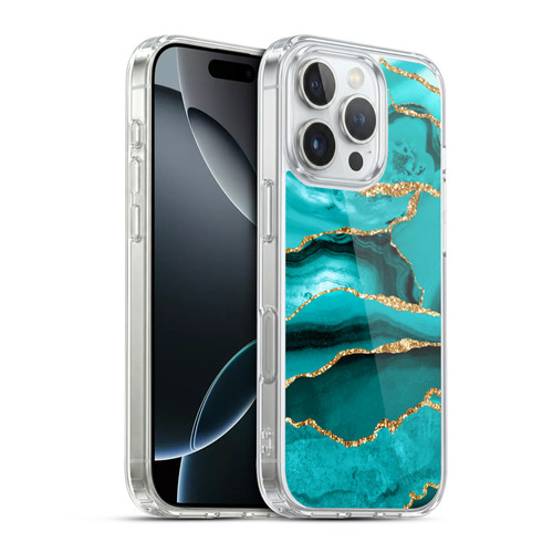 UtArt Malachite Emerald Aquamarine Gold Waves Soft Gel Case for Apple iPhone 16 Pro & MagSafe
