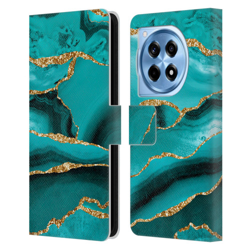 UtArt Malachite Emerald Aquamarine Gold Waves Leather Book Wallet Case Cover For OnePlus 12R