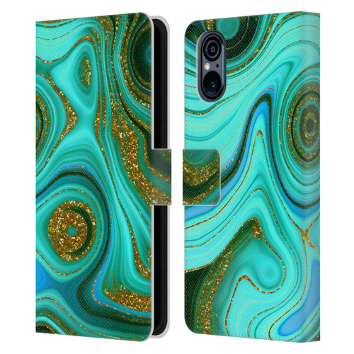 UtArt Malachite Emerald Liquid Gem Leather Book Wallet Case Cover For Sony Xperia 5 V 5G