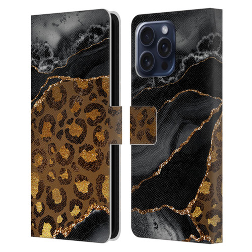 UtArt Wild Cat Marble Dark Gilded Leopard Leather Book Wallet Case Cover For Apple iPhone 16 Pro Max