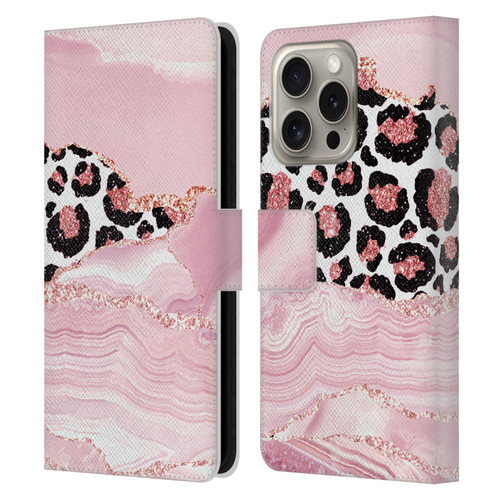 UtArt Wild Cat Marble Pink Glitter Leather Book Wallet Case Cover For Apple iPhone 16 Pro