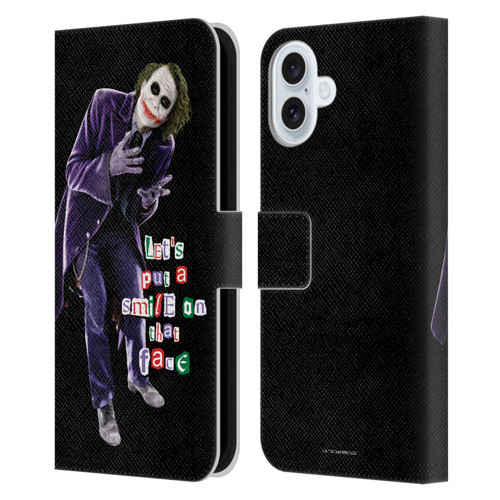 The Dark Knight Graphics Joker Put A Smile Leather Book Wallet Case Cover For Apple iPhone 16 Plus