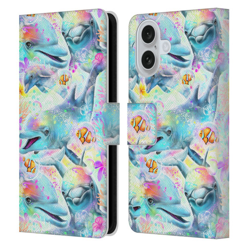 Sheena Pike Animals Rainbow Dolphins & Fish Leather Book Wallet Case Cover For Apple iPhone 16
