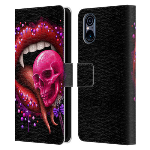 Sarah Richter Skulls Red Vampire Candy Lips Leather Book Wallet Case Cover For Sony Xperia 5 V 5G