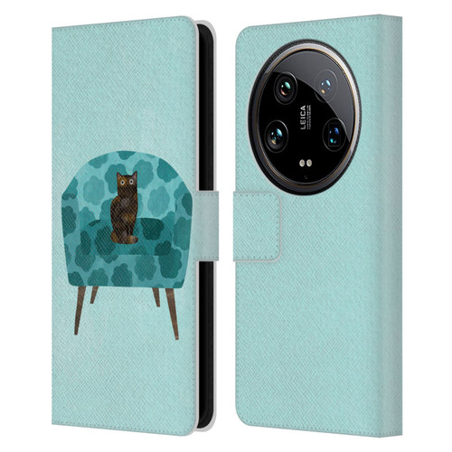 Planet Cat Arm Chair Teal Chair Cat Leather Book Wallet Case Cover For Xiaomi 14 Ultra