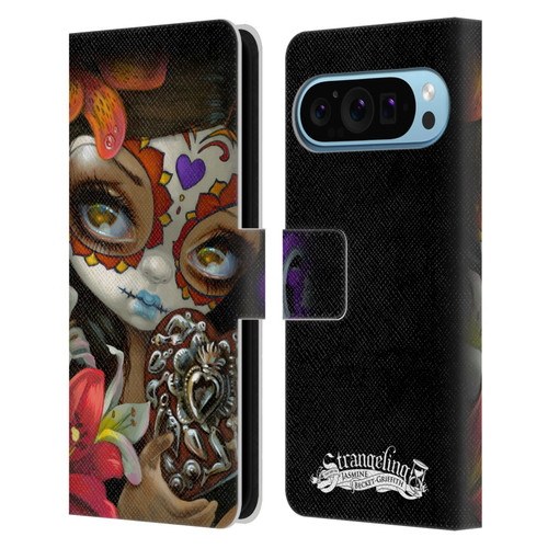 Strangeling Art Day of Dead Heart Charm Leather Book Wallet Case Cover For Google Pixel 9 / Pixel 9 Pro