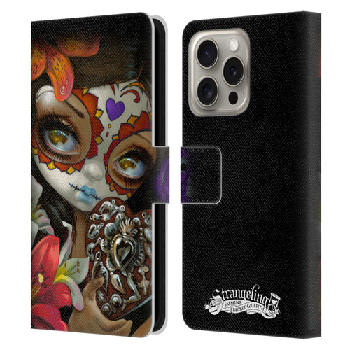 Strangeling Art Day of Dead Heart Charm Leather Book Wallet Case Cover For Apple iPhone 16 Pro