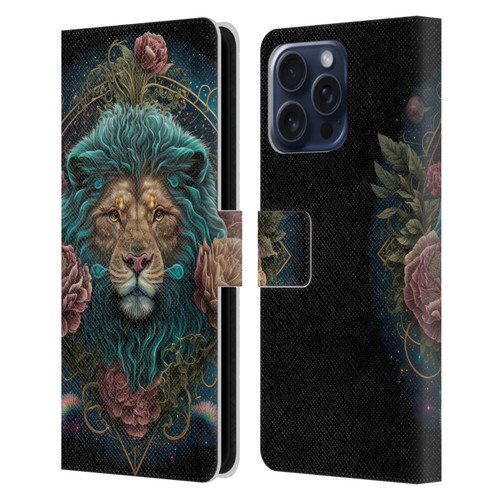 Spacescapes Floral Lions Aqua Mane Leather Book Wallet Case Cover For Apple iPhone 16 Pro Max
