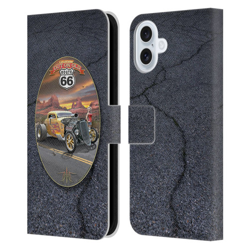 Larry Grossman Retro Collection Route 66 Hot Rod Coupe Leather Book Wallet Case Cover For Apple iPhone 16 Plus