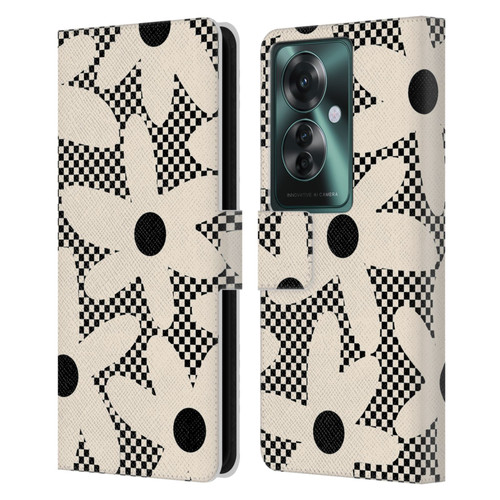 Kierkegaard Design Studio Retro Abstract Patterns Daisy Black Cream Dots Check Leather Book Wallet Case Cover For OPPO Reno11 F 5G / F25 Pro 5G