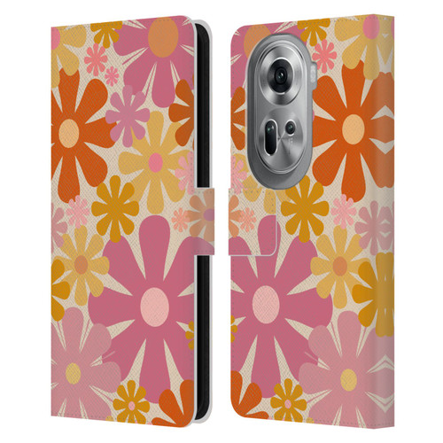Kierkegaard Design Studio Retro Abstract Patterns Pink Orange Thulian Flowers Leather Book Wallet Case Cover For OPPO Reno11 Pro