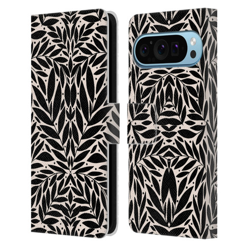Gabriela Thomeu Floral Black And White Folk Leaves Leather Book Wallet Case Cover For Google Pixel 9 / Pixel 9 Pro