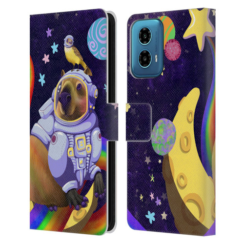 Carla Morrow Rainbow Animals Capybara Sitting On A Moon Leather Book Wallet Case Cover For Motorola Moto G34 5G