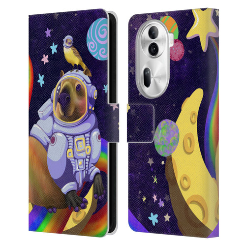 Carla Morrow Rainbow Animals Capybara Sitting On A Moon Leather Book Wallet Case Cover For OPPO Reno11