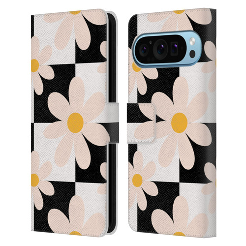 Gabriela Thomeu Retro Black & White Checkered Daisies Leather Book Wallet Case Cover For Google Pixel 9 / Pixel 9 Pro