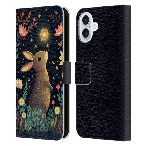 JK Stewart Art Rabbit Catching Falling Star Leather Book Wallet Case Cover For Apple iPhone 16 Plus