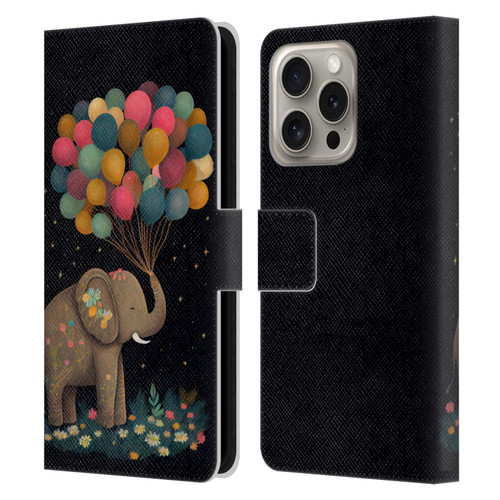 JK Stewart Art Elephant Holding Balloon Leather Book Wallet Case Cover For Apple iPhone 16 Pro