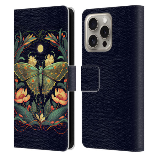 JK Stewart Graphics Lunar Moth Night Garden Leather Book Wallet Case Cover For Apple iPhone 16 Pro