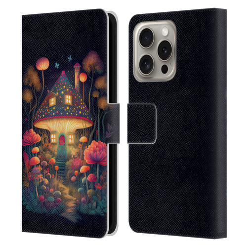 JK Stewart Graphics Mushroom Cottage Night Garden Leather Book Wallet Case Cover For Apple iPhone 16 Pro