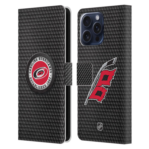 NHL Carolina Hurricanes Puck Texture Leather Book Wallet Case Cover For Apple iPhone 16 Pro Max
