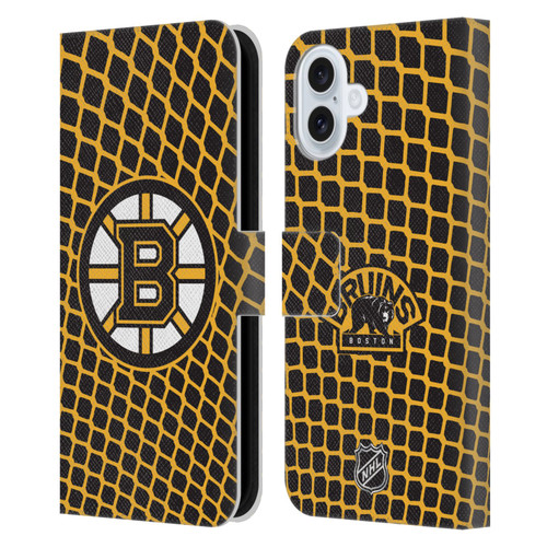 NHL Boston Bruins Net Pattern Leather Book Wallet Case Cover For Apple iPhone 16 Plus