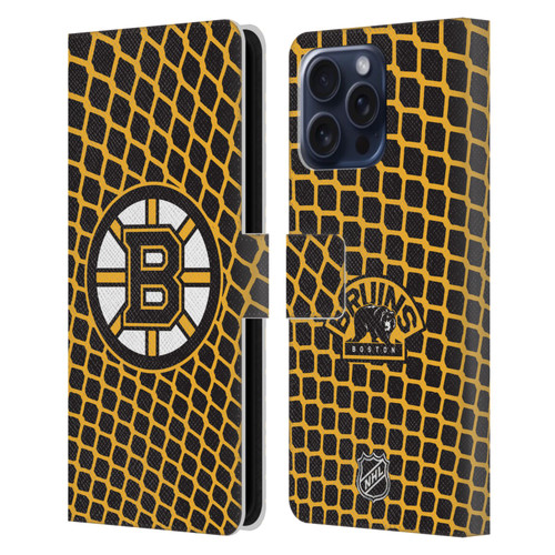 NHL Boston Bruins Net Pattern Leather Book Wallet Case Cover For Apple iPhone 16 Pro Max