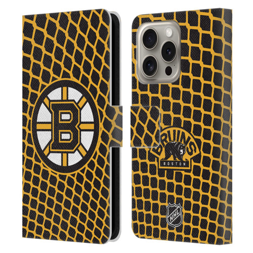 NHL Boston Bruins Net Pattern Leather Book Wallet Case Cover For Apple iPhone 16 Pro