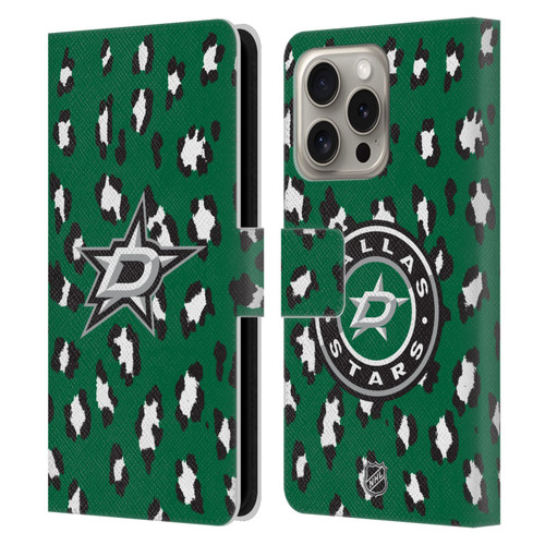 NHL Dallas Stars Leopard Patten Leather Book Wallet Case Cover For Apple iPhone 16 Pro