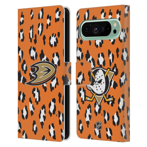 NHL Anaheim Ducks Leopard Patten Leather Book Wallet Case Cover For Google Pixel 9 Pro XL