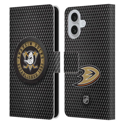 NHL Anaheim Ducks Puck Texture Leather Book Wallet Case Cover For Apple iPhone 16