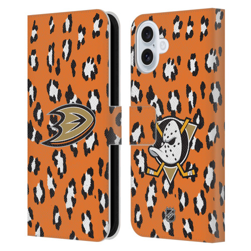 NHL Anaheim Ducks Leopard Patten Leather Book Wallet Case Cover For Apple iPhone 16 Plus