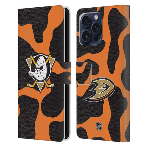 NHL Anaheim Ducks Cow Pattern Leather Book Wallet Case Cover For Apple iPhone 16 Pro Max