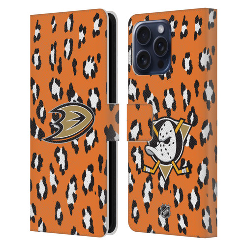 NHL Anaheim Ducks Leopard Patten Leather Book Wallet Case Cover For Apple iPhone 16 Pro Max