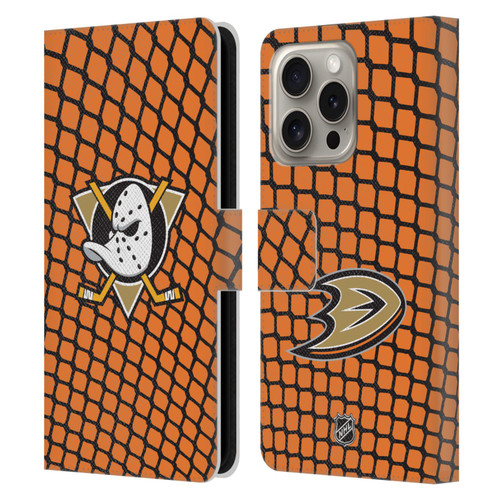 NHL Anaheim Ducks Net Pattern Leather Book Wallet Case Cover For Apple iPhone 16 Pro
