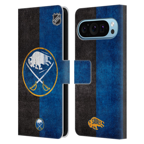 NHL Buffalo Sabres Half Distressed Leather Book Wallet Case Cover For Google Pixel 9 / Pixel 9 Pro