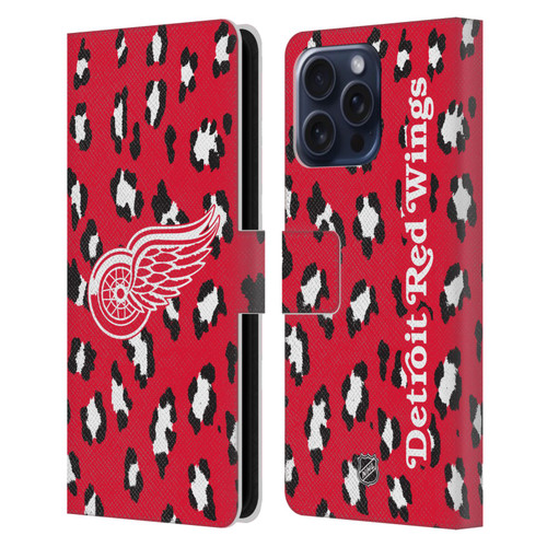 NHL Detroit Red Wings Leopard Patten Leather Book Wallet Case Cover For Apple iPhone 16 Pro Max