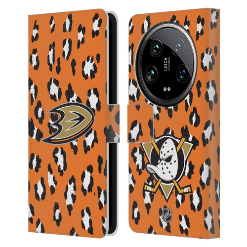 NHL Anaheim Ducks Leopard Patten Leather Book Wallet Case Cover For Xiaomi 14 Ultra