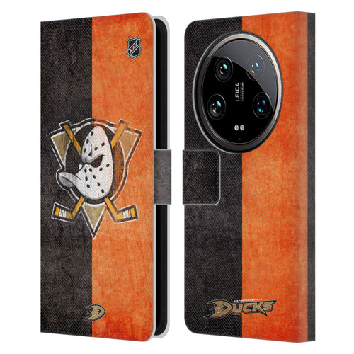 NHL Anaheim Ducks Half Distressed Leather Book Wallet Case Cover For Xiaomi 14 Ultra