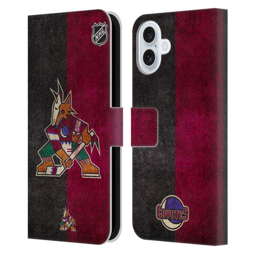 NHL Arizona Coyotes Half Distressed Leather Book Wallet Case Cover For Apple iPhone 16 Plus