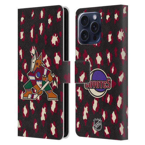NHL Arizona Coyotes Leopard Patten Leather Book Wallet Case Cover For Apple iPhone 16 Pro Max