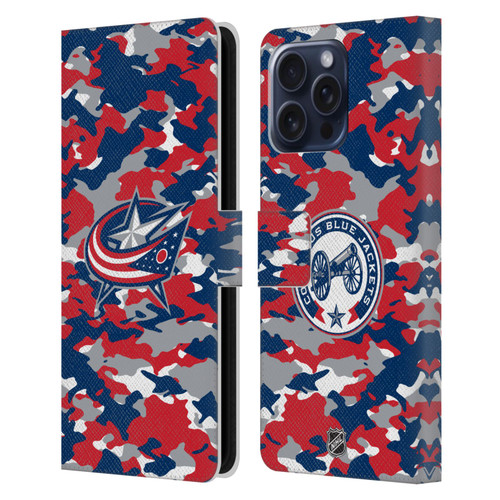 NHL Columbus Blue Jackets Camouflage Leather Book Wallet Case Cover For Apple iPhone 16 Pro Max