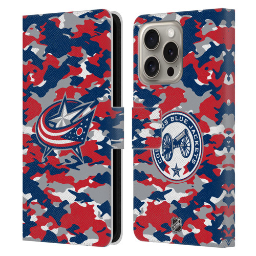 NHL Columbus Blue Jackets Camouflage Leather Book Wallet Case Cover For Apple iPhone 16 Pro