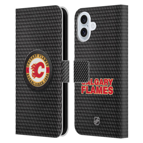 NHL Calgary Flames Puck Texture Leather Book Wallet Case Cover For Apple iPhone 16 Plus