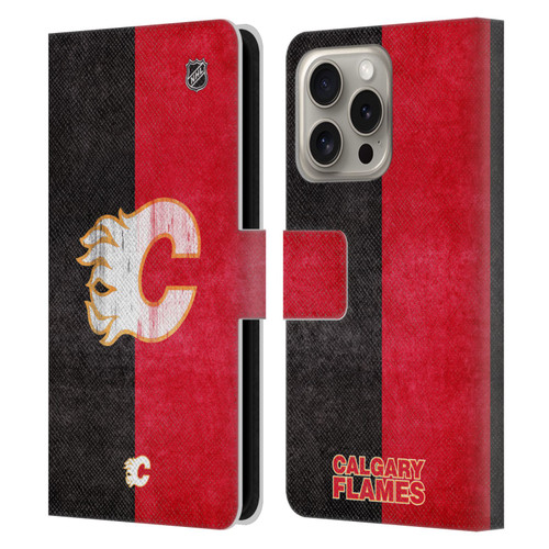 NHL Calgary Flames Half Distressed Leather Book Wallet Case Cover For Apple iPhone 16 Pro