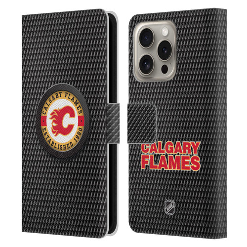 NHL Calgary Flames Puck Texture Leather Book Wallet Case Cover For Apple iPhone 16 Pro