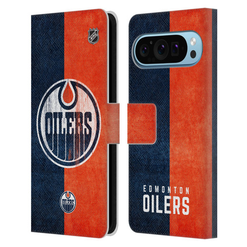 NHL Edmonton Oilers Half Distressed Leather Book Wallet Case Cover For Google Pixel 9 / Pixel 9 Pro