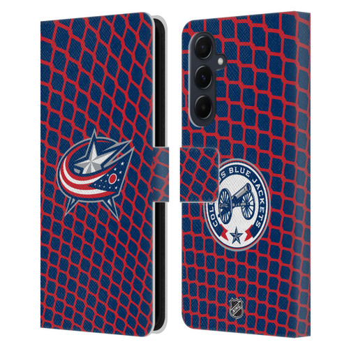 NHL Columbus Blue Jackets Net Pattern Leather Book Wallet Case Cover For Samsung Galaxy A55 5G