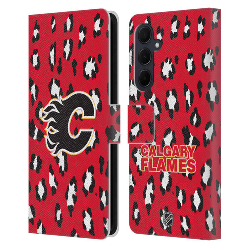 NHL Calgary Flames Leopard Patten Leather Book Wallet Case Cover For Samsung Galaxy A35 5G