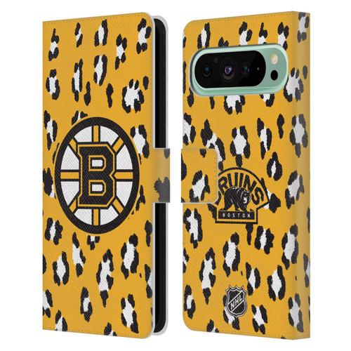 NHL Boston Bruins Leopard Patten Leather Book Wallet Case Cover For Google Pixel 9 Pro XL
